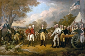 Surrender of General Burgoyne by John Trumbull (1821), which hangs in the U.S. Capitol Rotunda in Washington, D.C. The painting prominently features a cannon on the right side, in the American camp.