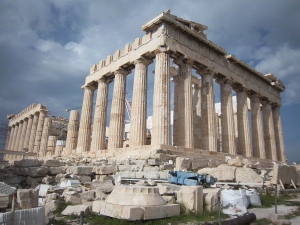 Modern view of the Parthenon showing the damage to columns and roof. 