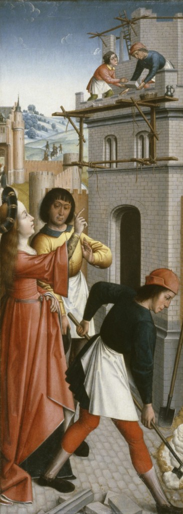 Saint Barbara Directing the Construction of a Third Window in Her Tower by the Master of the Joseph Sequence (15th century). Currently in the Walters Art Museum, Baltimore, Maryland.